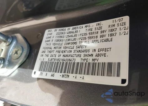 2008 Acura Rdx z USA, uszkodzony, nr VIN 5J8TB18218A008473